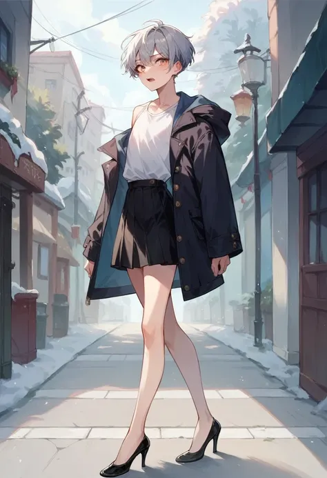 Scared femboy male skinny flat chest short hair walking down the street in middle of night winter. He wears black jacket white shirt black skirt black stiletto hich heels and gray coat