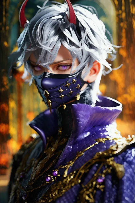  3D rendering ,   masterpiece ,  Very long hair,  silver hair,  Fringe between the eyes, purple eyes, Serious, Mask covering the mouth, male face, homem com uma foice demoniaca  masterpiece , Necessary, 