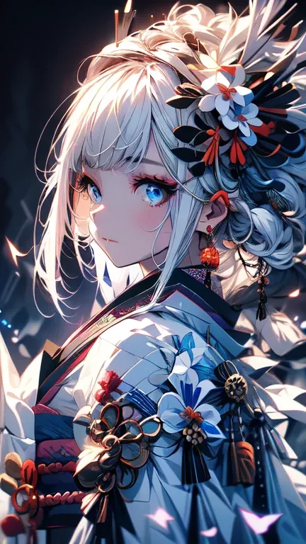  1 girl, Alone, White Hair, turn around, Kimono,   glitter effect, Streaks of light、Emphasis on light and shadow, Thick Line, Blur,  anatomically correct,  HIGH DETAILS,  Looking , shade-enhancing ,  contrast , Sparkle,  upper body,  Hi-Res,  best quality,...