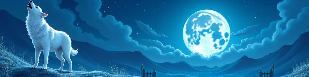 create a banner based on the submitted image with Luna Clan written in the center of the image, Play a white dog howling at the moon

