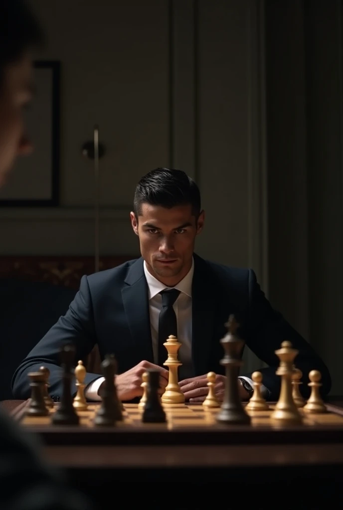 Ronaldo is waiting for someone at the chess table to be seen in the chair opposite Ronaldo