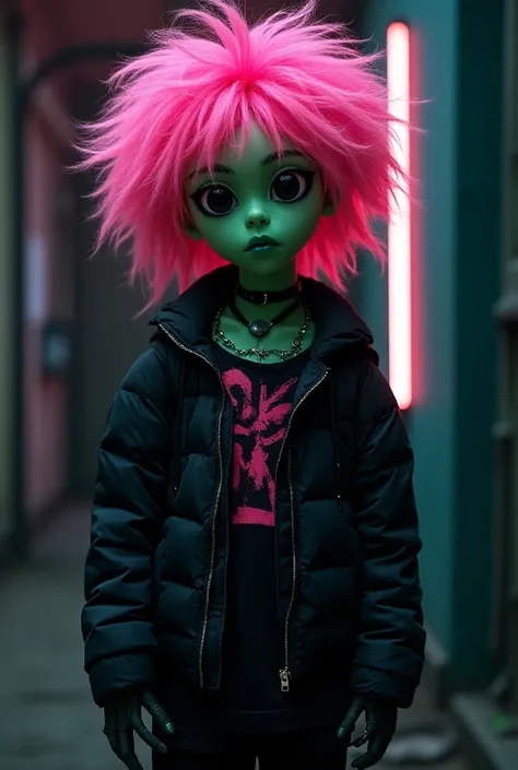 Alien nonbinary boy, hot pink fluffy hair, green skin, black alien eyes. Scene emo styled clothing, black and neon colors. Four arms. 