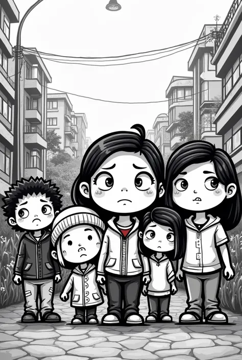 drawing of a mural on a busy street in black and white Chibi line art style reflecting a demand for poverty in Mexico