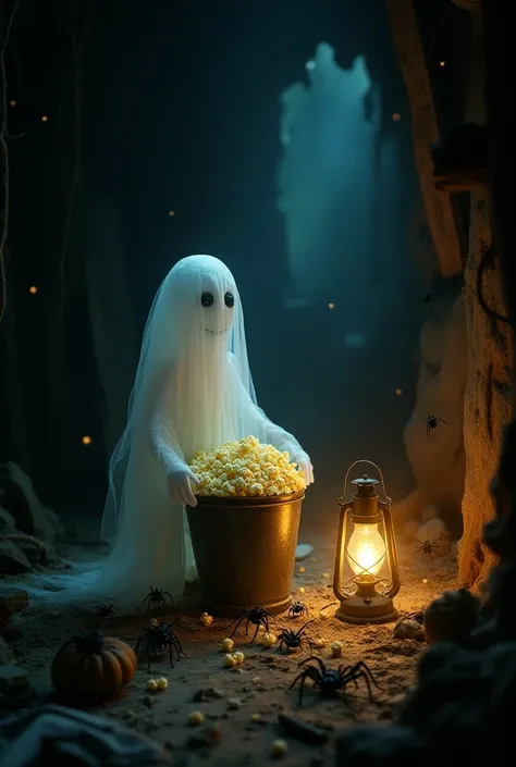 A ghost eating popcorn ,  in an attic of a house and watching a movie with its spider friends