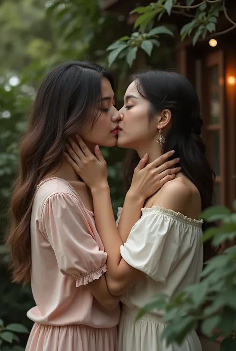 Woman photographing two sisters kissing each other on the lips 