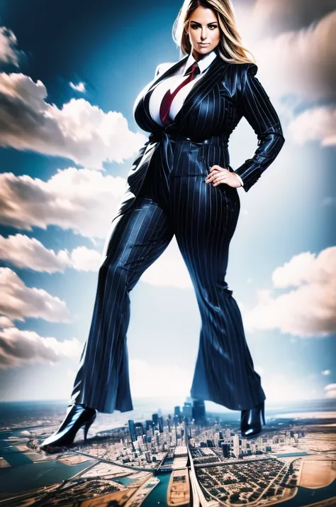 a 10 mile tall sophisticated and stylish curvy giantess in a pinstriped trouser suit, white shirt, and a large wide blue necktie with a really large windsor knot, with a beautiful, curvaceous figure, massive breasts, and blonde long wavey hair, with a curv...