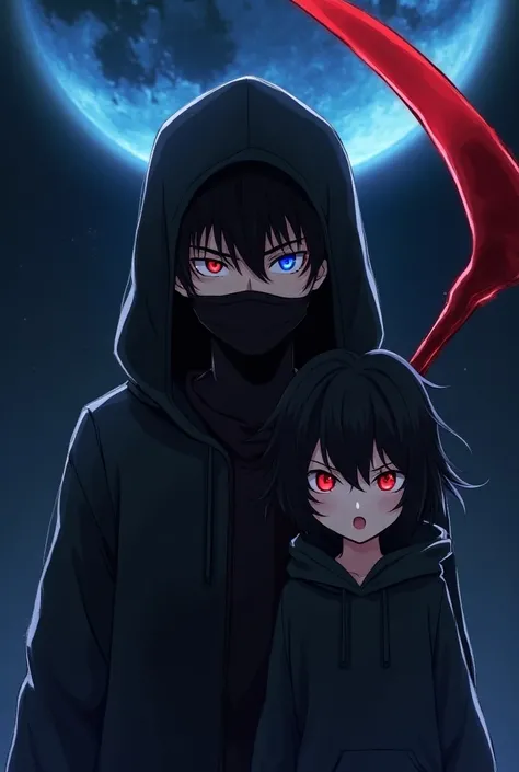 A anime matching profile picture a boy with black messy hair dark gray hoodie covered his head fully with two different eye colour one is blue and one is red only boy and looking dangerous and powerful grown up with a very cool red scythe behind his back r...