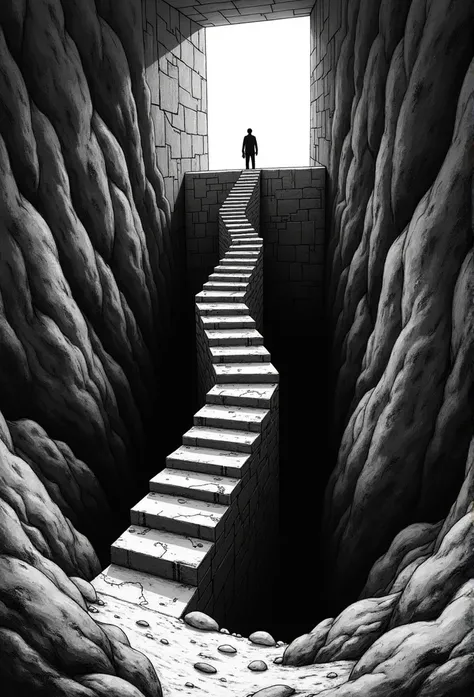 junji ito style, horror manga, black and white, one page manga style layout, no talking bubbles, human going up rectangular staircase, core of staircase empty, human inside square concrete tower, under human is the abyss, abyss is darkness, abyss is the ed...