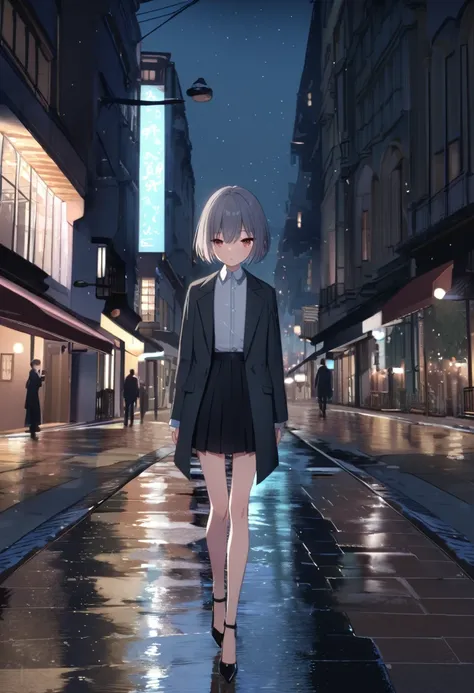 femboy male skinny flat chest short hair walking down the street in middle of night winter. He wears black jacket white shirt black skirt black stiletto hich heels and gray coat. 4k, 3d