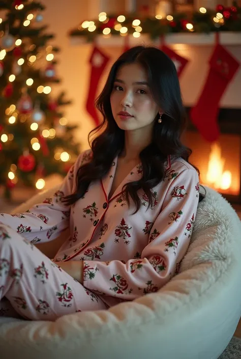 A woman wearing Christmas pajamas sits elegantly on a white beanbag. She has black hair styled in soft waves and accessorizes it with simple earrings. In the background, a beautifully decorated Christmas tree sparkles with lights and ornaments. A cozy fire...