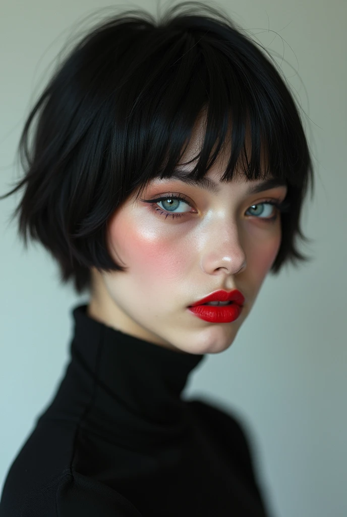 Indian looks
- Fair skin
- Short black hair
- Soft facial features
- Angular blue eyes
- Bold slim red lips
