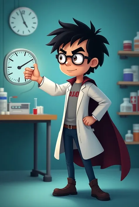  Create a cartoon character , Dr. Descarte , black hair,  hero cape and lab coat .  The scene takes place in a secret pharmaceutical laboratory . dr.  Descarte tilts the indicator and invokes the call for safe drug disposal,  your hero friends  . 