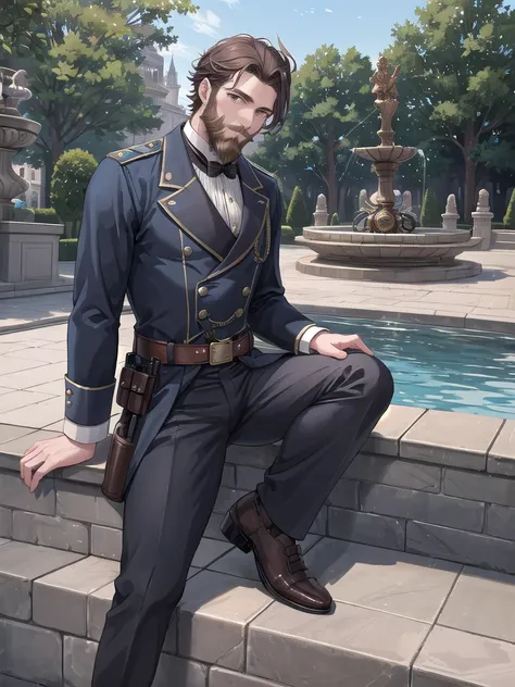 30+ years old, tall, man, human, lazy, laying down on fountain, back is flat on the concrete, beard, mans guard uniform, half victorian, half steampunk, wearing guard pants, 1guy, solo, short hair, sensitive masterpiece, newest, absurdres,very aesthetic,be...