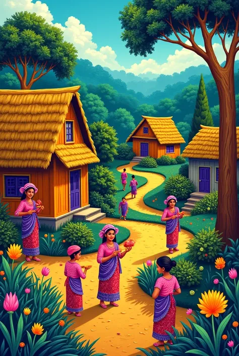 Make a bangladeshi folk art. Village environment. Use teal yellow green purple. People will be like sbhunath artists parichita