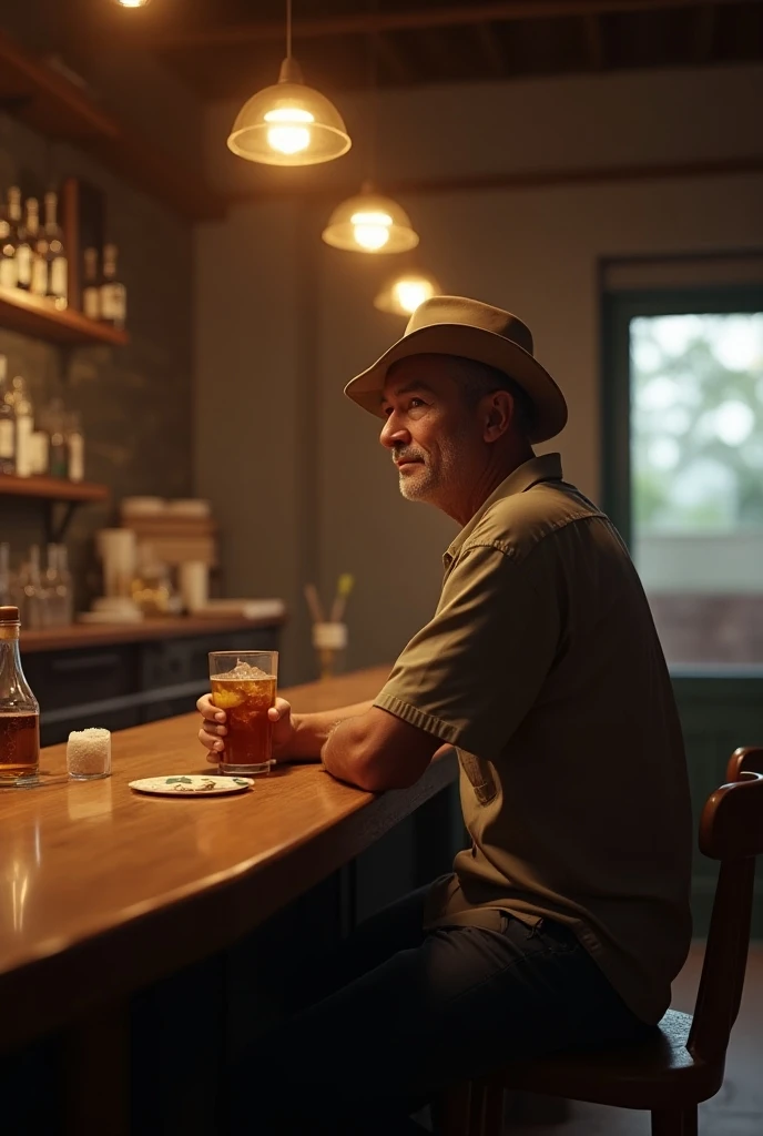 Interior image of a simple and cozy bar,  with wooden tables and soft lighting . A middle-aged man,  with simple clothes and a hat , You are sitting at the counter ,  holding a cachaça glass .  A drip bottle and a flour plate are on the table.  Rustic and ...