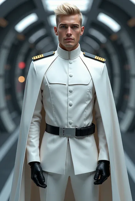 Portrait of a young caucasian man, 30 years old. Norwegian features, short blonde military haircut, blue eyes, wearing a White Star Wars imperial officer Uniform, no buttons, white tunic, white jodhpur pants, black boots, white cloak, Black gloves, standin...