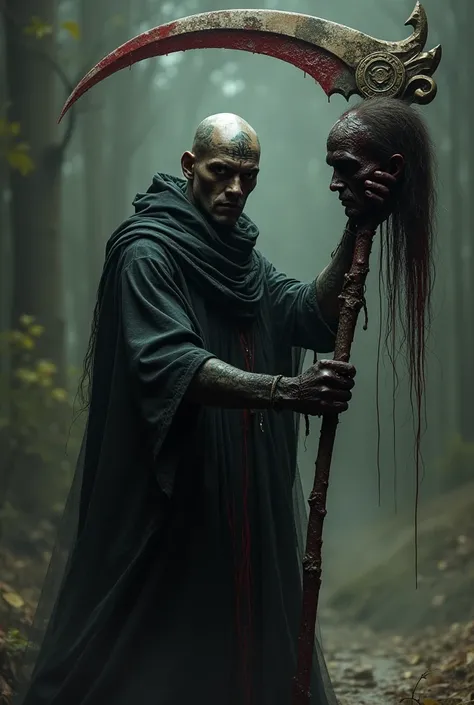 Just do it with normal hands and let him be all black and bald with tattoos on his head and he has to be black with black skin, one hand with an ancient scythe as if it were a relic and the other holding a head through the hair that was just cut by the sic...