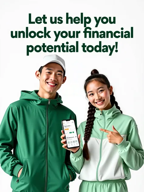 An eye-catching advertisement featuring two youthful Asian models in sporty outfits with green tones. The male model on the left wears a green jacket and a white cap, smiling confidently. The female model on the right wears a light green and white sporty j...