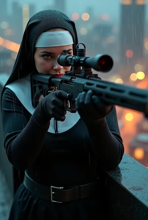 a female undercover secret agent in a nuns habit, beautifull attractive curvy woman, taking aim with a sniper rifle from a rooftop, large optical sight visible and focused on the face of a woman in a nuns habit, dramatic lighting, night, heavy rain, reflec...