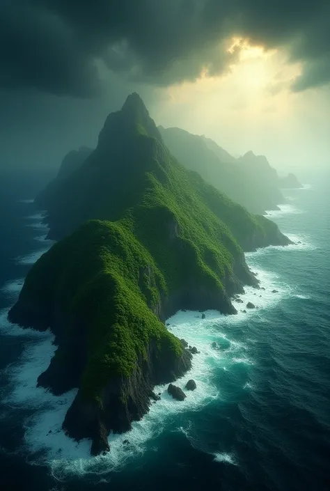 Archipelago under a Stormy Sky: An archipelago with islands covered in vegetation under a stormy sky. Rays of light pierce the dark clouds, illuminating the ocean dramatically.