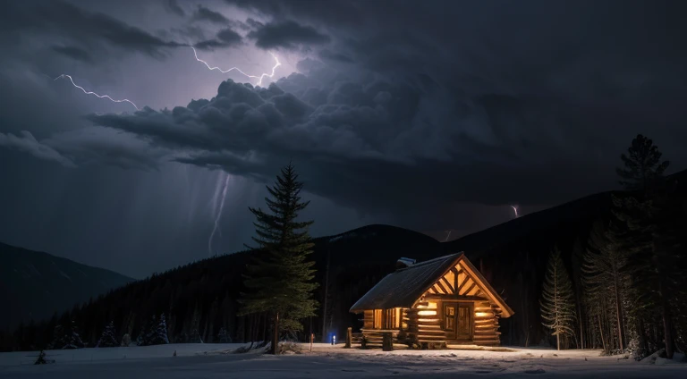 "A small log cabin on a mountain ,  being protected by an aura of light while an intense storm occurs around, with lightning lighting up the sky."