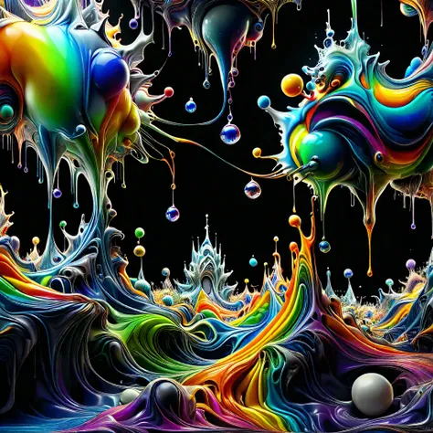 A psychedelic dream, vibrant colors shimmering, glass morphing from colors, intricate rainbow patterns, perfectly formed symmetrical spheres and glowing reflective bubbles, attention to detail on the bubbles and spheres, rainbows of color twisted in and ou...