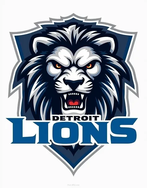 A retro-inspired Detroit Lions-themed logo featuring a stylized lions face framed by bold lines, with the team colors of Honolulu blue and silver. The text Detroit Lions is written in a sporty vintage font underneath, all on a clean white background