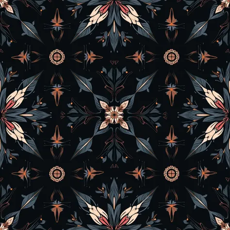  Create a symmetrical, repeating pattern in vector  combining dark Neo-Noir floral elements or Geometric Play design