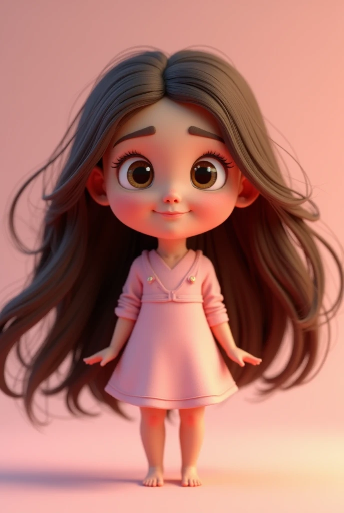  brunette girl, long-haired brown ,  with small nose teardrop eyes ,  dressed in pink , animated 3d image