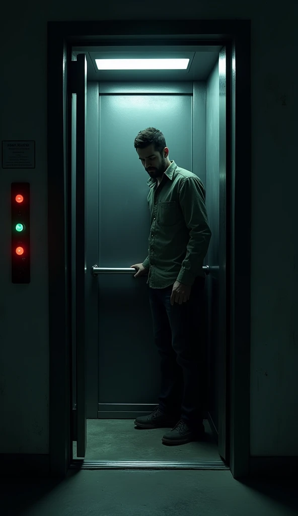 Inside an elevator, a man looks nervously at the control panel. The lights flicker and the doors open to reveal a pitch-black hallway, where the faintest hint of movement can be seen from the corner of his eye."