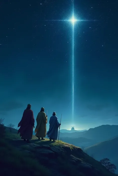  The three wise men following the stele that led to Jesus, On the night of Jesus birth , in a starry night 