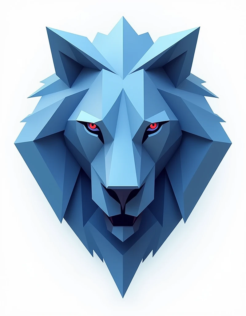 An abstract design of a lions head formed by geometric shapes, using sharp blue and silver gradients to create depth. A minimalist white background makes the design stand out and easy to transfer onto a t-shirt.