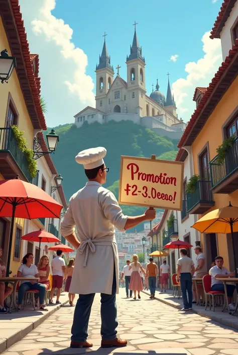  A pizza chef in the middle of the street holding a written sign "promotion" And the church of Penha , What is located at the top of a hill , In the background. 