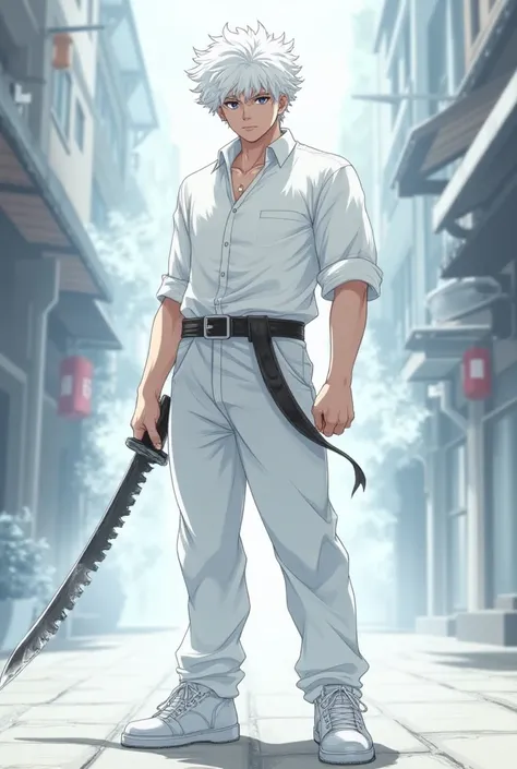  Create a male demon Slayer anime character ,  he and a 19-year-old curly short haired white,  eyes and pupils all white ,  a strong body and a serious face , a serrated katana ,  he wears a blouse, pants and sneakers all white ,  he has the power of light...