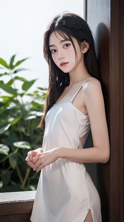 photorealistic fshorts, rain wet asian girl, sharp nose, beautiful white skin, long slender face, ears like a helm, big breasts,...