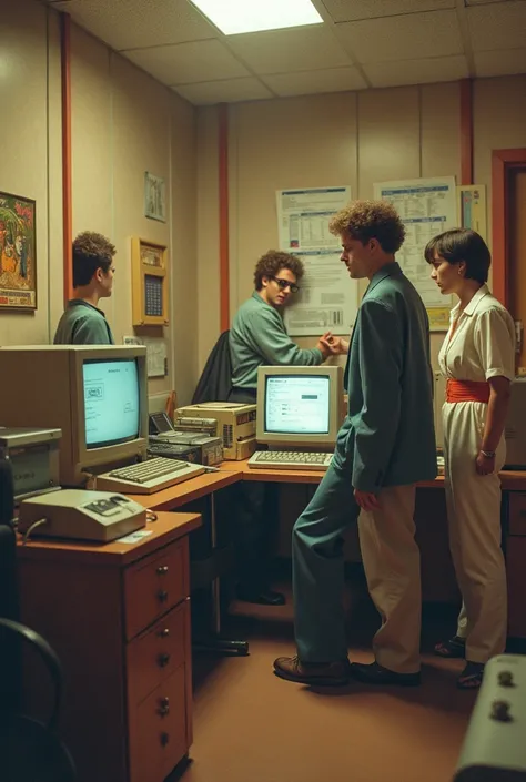 generate old computer in an office back in the 80ties, people in the office, wearing outfit from the 80ties