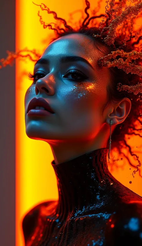  frontal view，Watching the audience， blends bright black and orange in a realistic composition Organic digital art with neon metallic texture and translucent abstract shapes， presents the image of a beautiful woman ，Deep unification with organic texture 、 ...