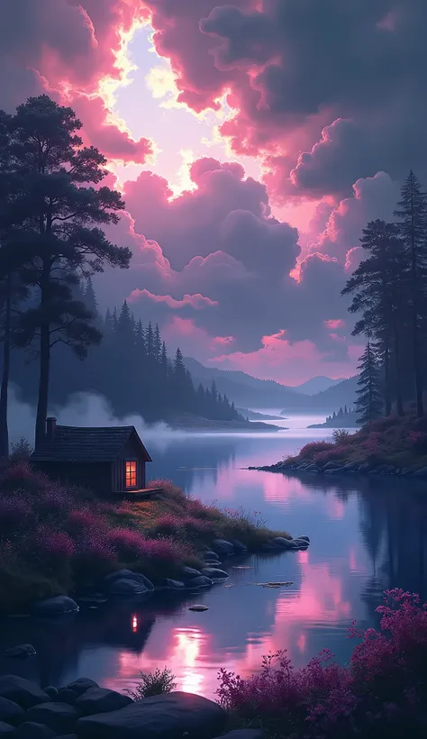 Rich and colorful, Fantastic Scenery, cloud, light piercing through the cloud,   Reflection of the water surface,  Peaceful spring ,flower々, Tranquil cabin architecture  ,Quiet environment, rich in details, surreal beauty, magical aura,  Fantasy landscape ...