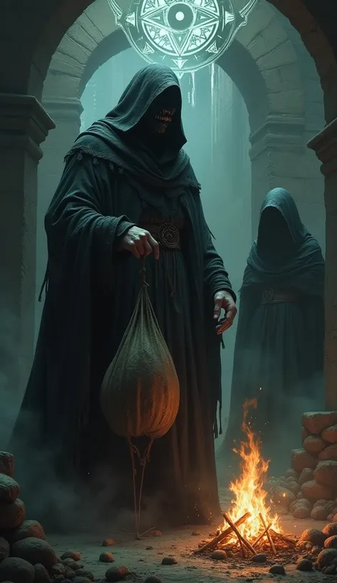 The Bagman in a dark ritual ,  surrounded by mystical symbols and a hooded witch.  He holds the bag with a sinister expression ,  while a weak fire illuminates the macabre scene .