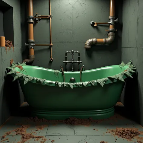 Create an image of a bath designed with inspiration from the Hulk. The tub is large and sturdy, resembling Hulks massive and muscular physique. It’s a deep green color with rough, textured surfaces that mimic his skin. The edges of the tub are jagged, as i...