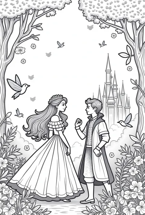  Create a cartoon image inspired by fairy tales  , with fairies , little birds ,Damn princess , castle prince  .  All black and white with flowers in the forest  .  And for a coloring book so it has to be black and white, with white background. 
