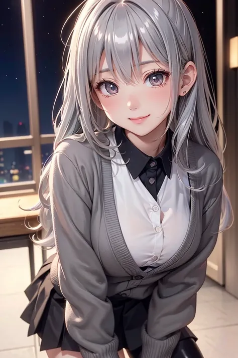 ( best quality, high definition ,8k,inelity detailed background, masterpiece :1.2), pretty girl,( glossy romance gray hair:1.3),(long hair:1.2) ,pony tail,Beautiful grey eyes,Big Breasts,autumn,school uniform,black cardigan,skirt,black tights,(zettairyoiki...