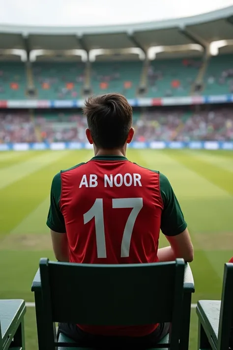 I sit in chair and watched Afghanistan cricket match in I wearing Afghanistan cricket short and name on short is AB NOOR