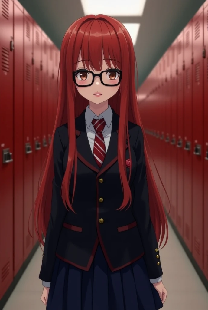 Teenager with long straight red fantasy hair with black glasses and long eyelashes highlighter pink thick lips wears a dark blazer with a badge on the lapel,  a white shirt with the collar over the blazer ,  a red striped tie and what appears to be a navy ...