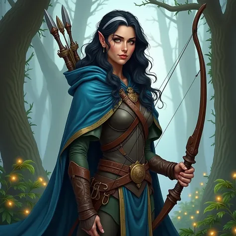 full body, several poses of the same character, a character sheet design of detailed sketch of a half-elf ranger woman. She has long, wavy black hair with a single white streak, striking golden eyes, and a calm, determined expression. She wears a blue cloa...