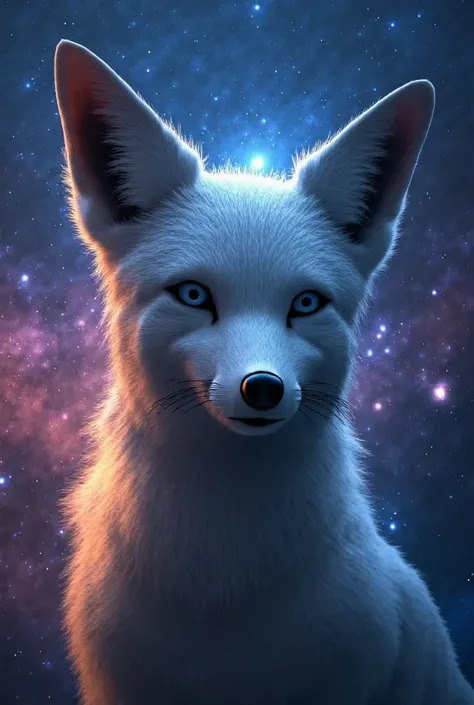 The mysterious fox, looking straight in the soul, soy look, in space with stars and universe, galaxy colors