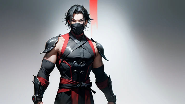 Mortal Kombat character,  mortal kombat mask,  black  and red, short hair  ,full-body images,  guardian,  full  uniform,  male 