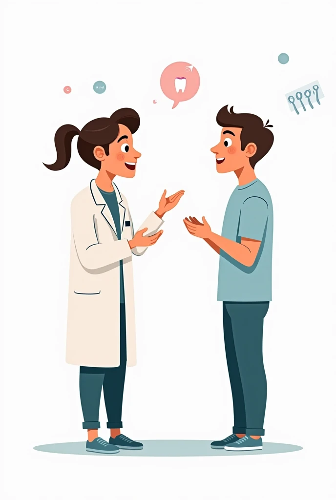  A dentist informing the patient about the risks and benefits of treatment, being honest and transparent in cartoon and white background 