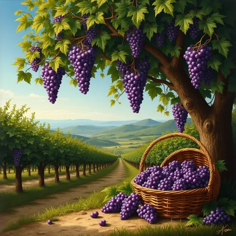  Early Renaissance-style natural image, of a vineyard with clusters of purple and lush vines with a basket of grapes under a tree with a blue sky