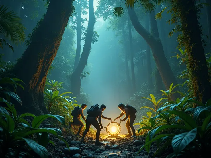 The explorers work together to set intricate traps using parts of the alien flora and their own technology. The scene shows careful planning and quick movements under a canopy of towering, brightly glowing plants. The lighting highlights sharp contrasts be...